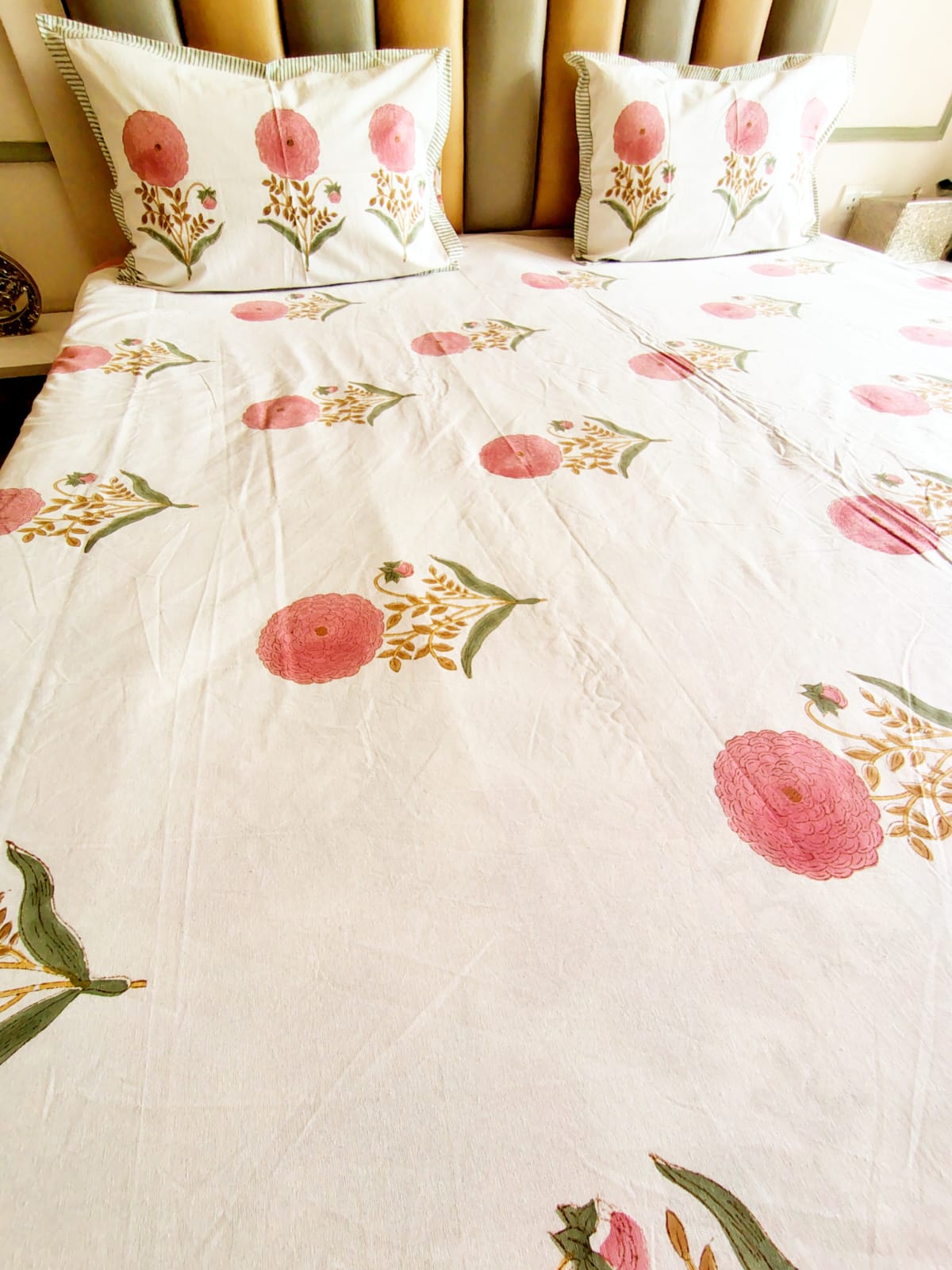 Pink Marie Block Printed Bedsheet with Two Reversible Pillow Covers