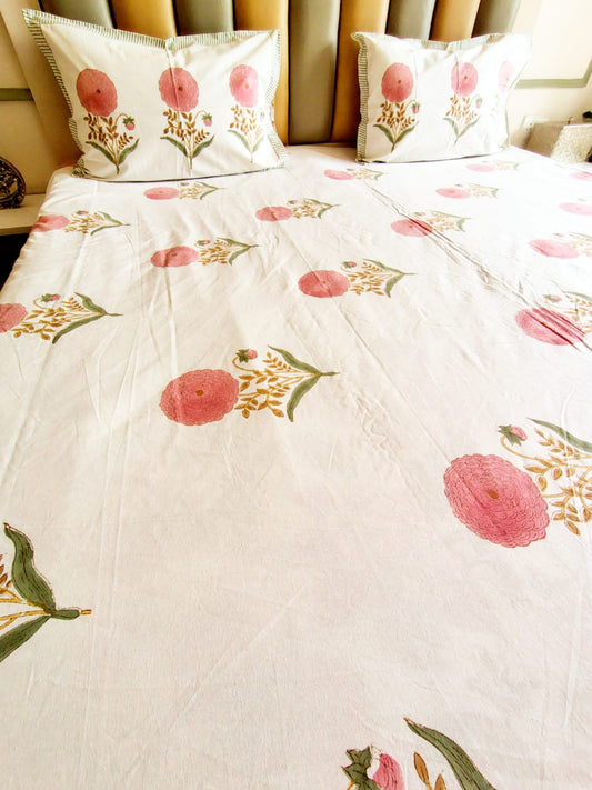 Pink Marie Block Printed Bedsheet with Two Reversible Pillow Covers