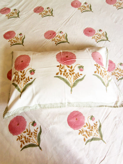 Pink Marie Block Printed Bedsheet with Two Reversible Pillow Covers
