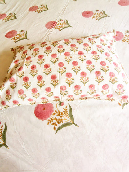 Pink Marie Block Printed Bedsheet with Two Reversible Pillow Covers