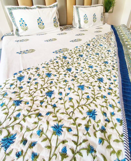 Blue Rose Block Print Bedsheet and Bedcover - 6 Piece Combo