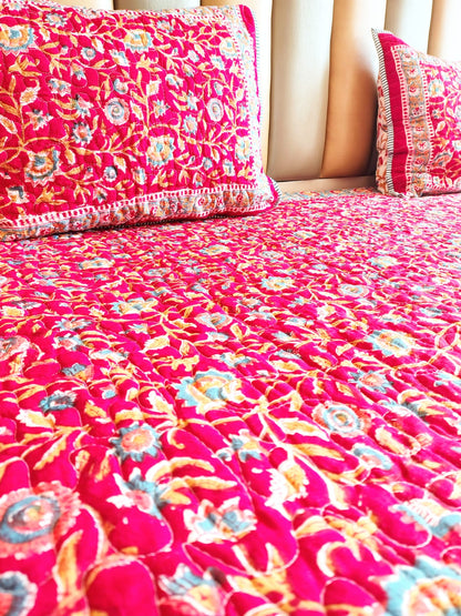 Lal Phulwari Block Print Bedsheet and Bedcover Combo - 6 Piece Combo
