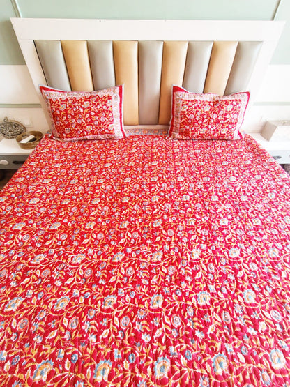 Lal Phulwari Block Print Bedsheet and Bedcover Combo - 6 Piece Combo