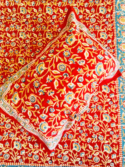 Lal Phulwari Block Print Bedsheet and Bedcover Combo - 6 Piece Combo