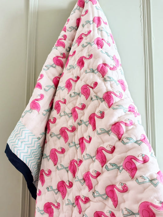 Flamingo Print Kids Hand Block Reversible Quilt
