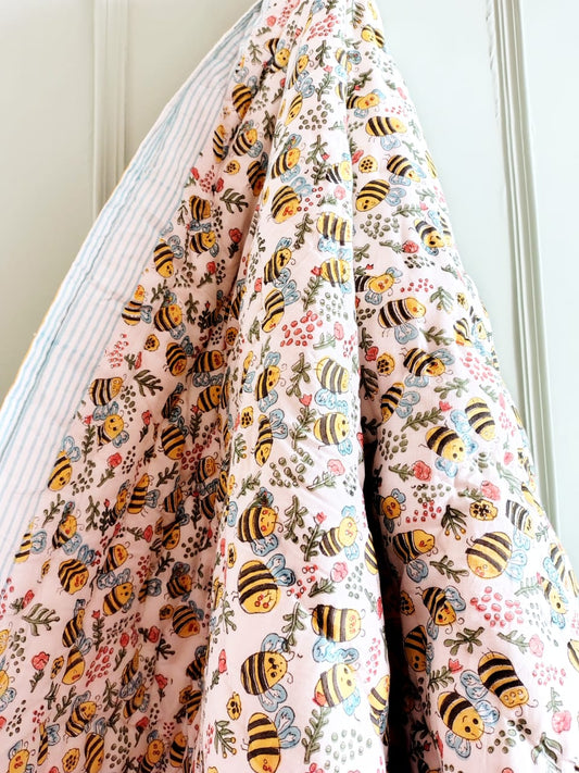 Bees Print Kids Hand Block Reversible Quilt