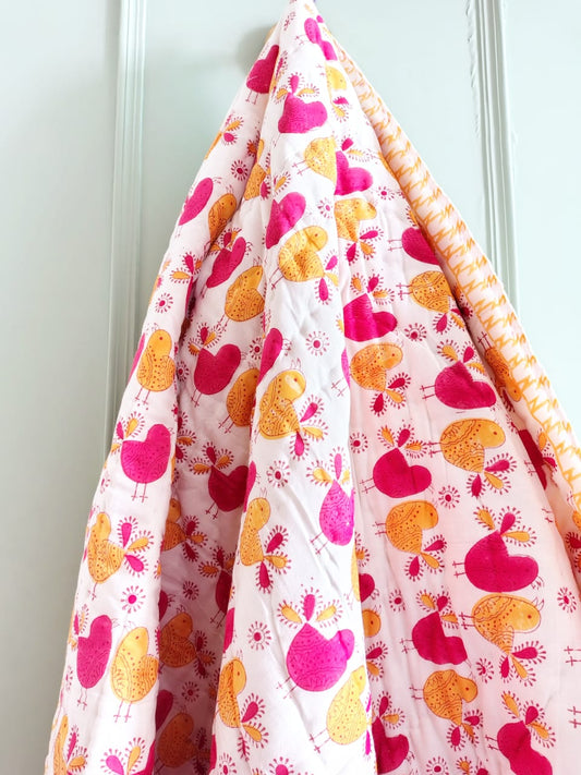 Bird Print Kids Hand Block Reversible Quilt