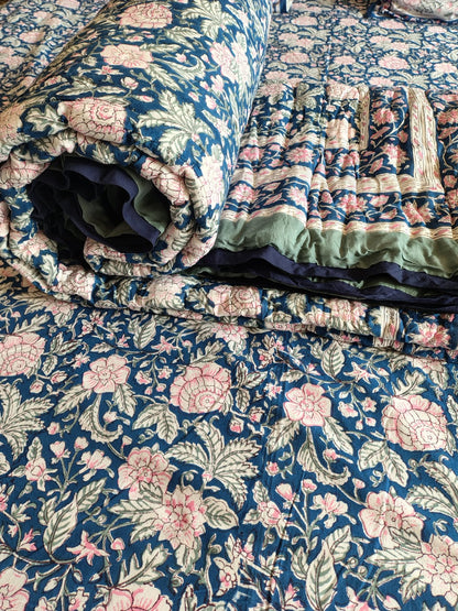 Pinky Pom Block Print Bedsheet & Quilt Set