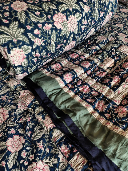 Pinky Pom Block Print Bedsheet & Quilt Set