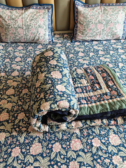 Pinky Pom Block Print Bedsheet & Quilt Set