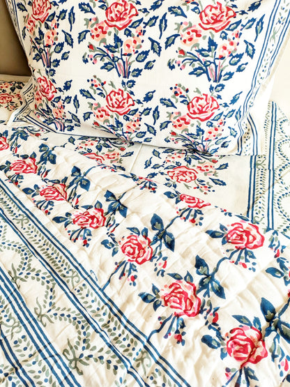 Red Roses Block Print Bedsheet & Quilt Set