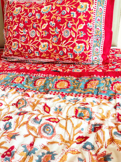 Begum Red Floral Block Print Bedsheet & Quilt Set
