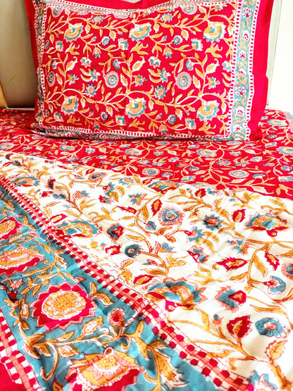 Begum Red Floral Block Print Bedsheet & Quilt Set