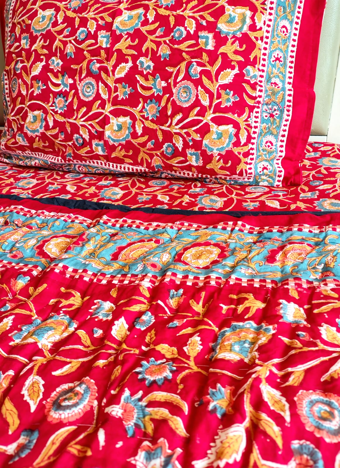 Begum Red Floral Block Print Bedsheet & Quilt Set