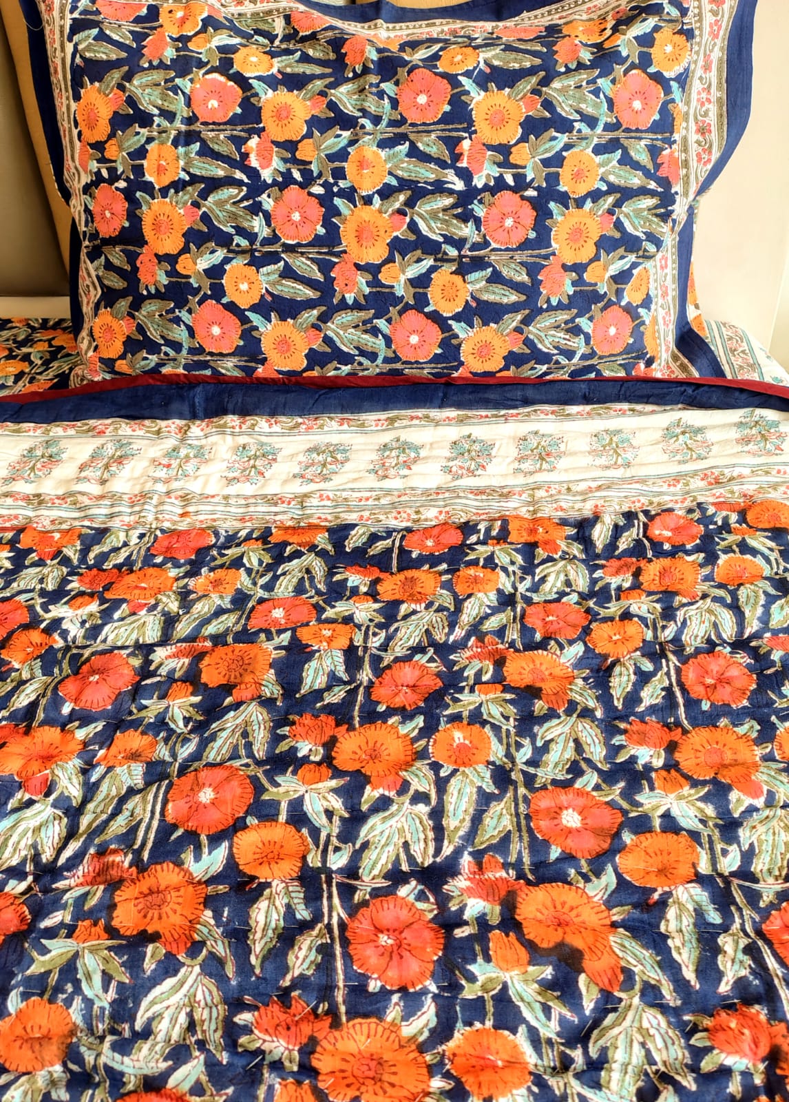 Orange Marie Block Print Bedsheet & Quilt Set