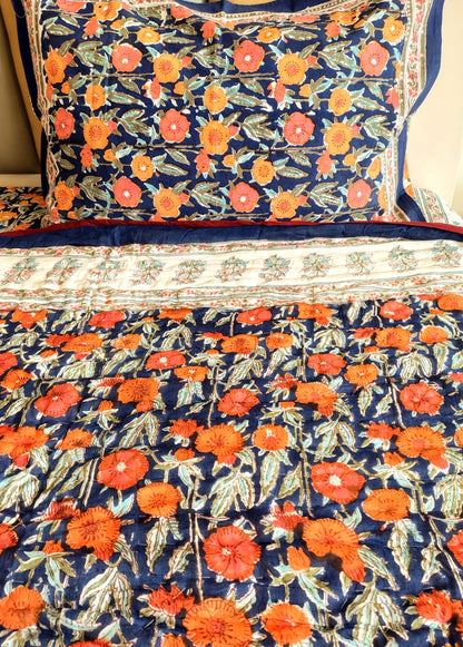 Orange Marie Block Print Bedsheet & Quilt Set