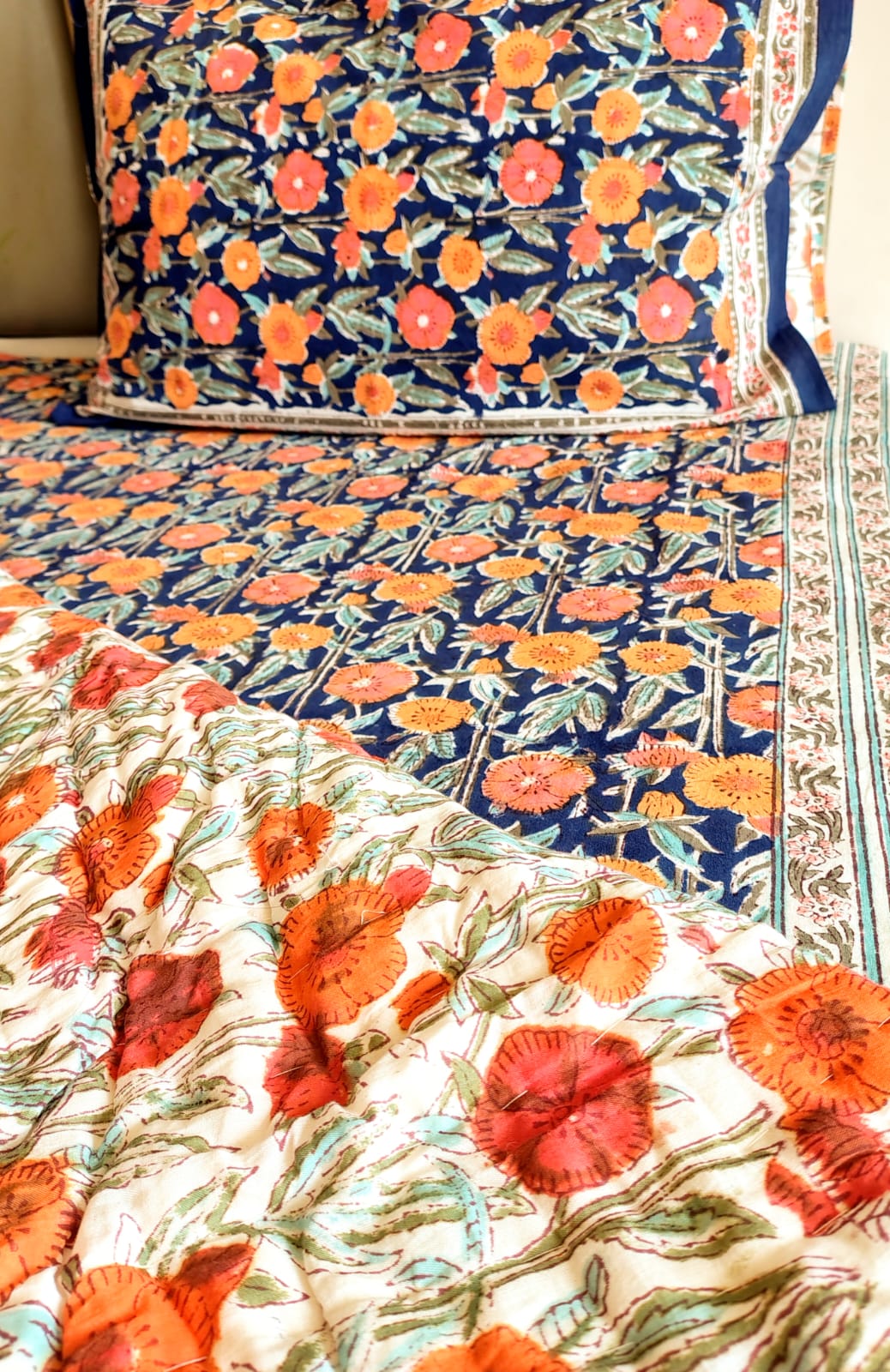 Orange Marie Block Print Bedsheet & Quilt Set