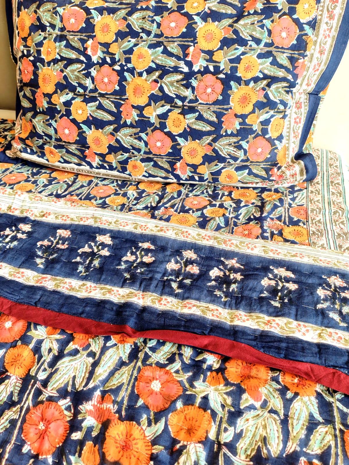 Orange Marie Block Print Bedsheet & Quilt Set