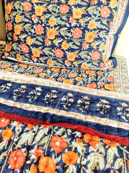 Orange Marie Block Print Bedsheet & Quilt Set