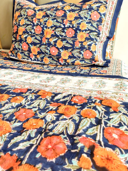 Orange Marie Block Print Bedsheet & Quilt Set