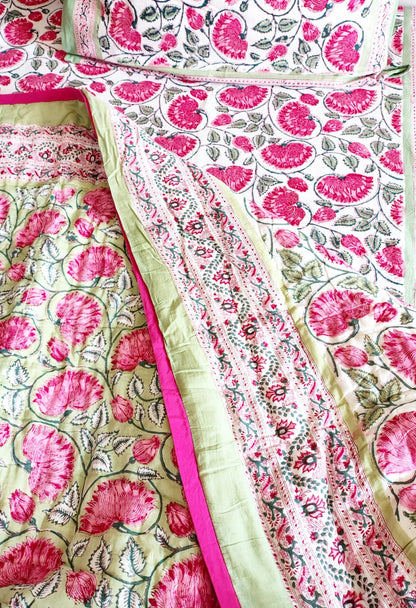 Lal Kamal Block Print Bedsheet & Quilt Set