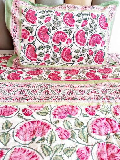 Lal Kamal Block Print Bedsheet & Quilt Set