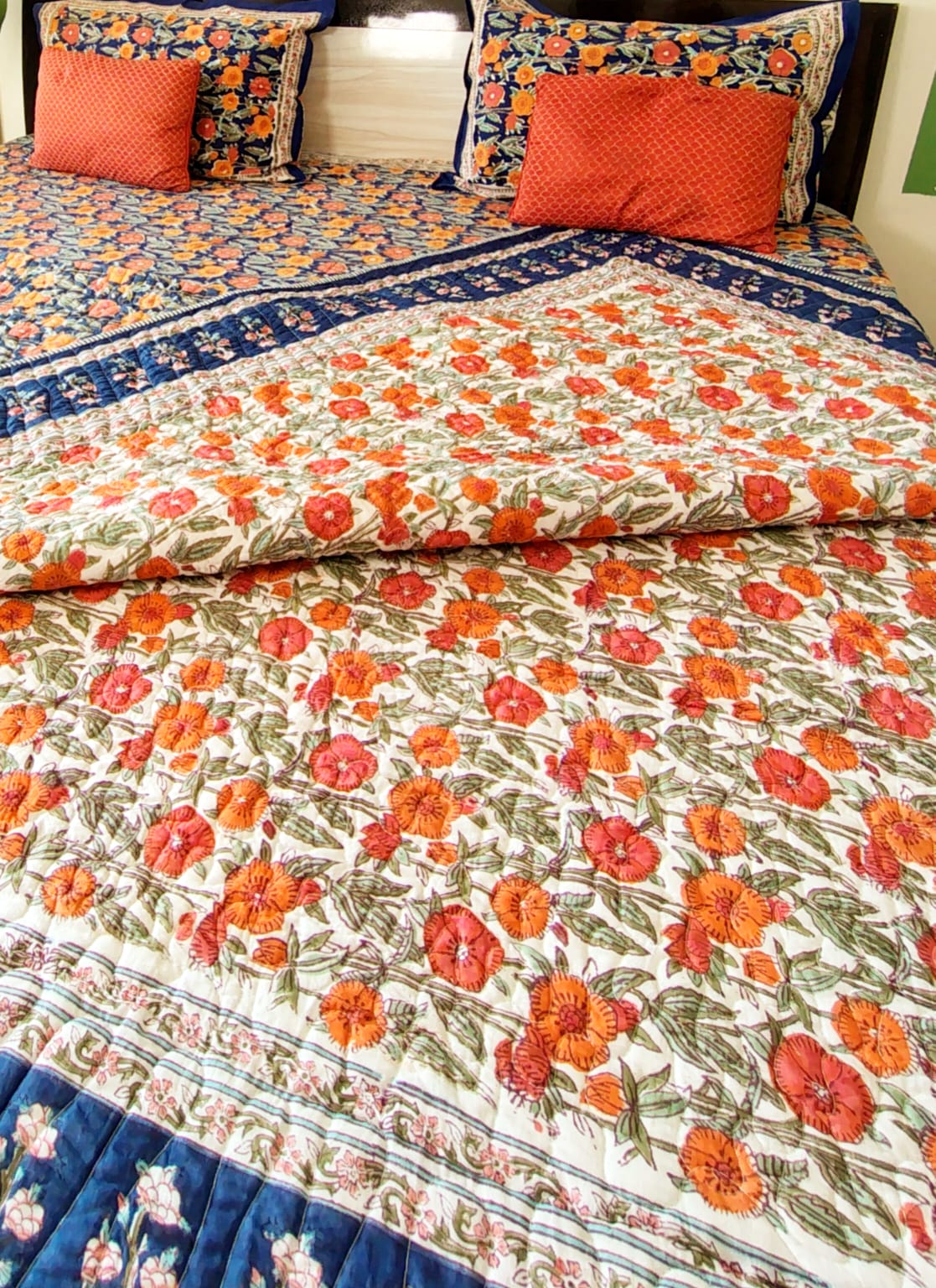 Orange Marie Block Print Bedsheet and Bedcover - 4 Piece Combo