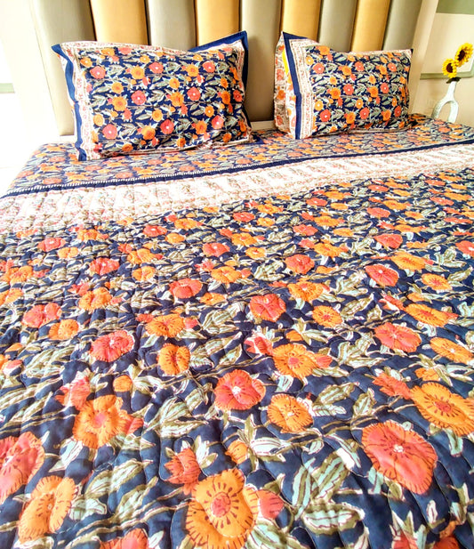 Orange Marie Block Print Bedsheet and Bedcover - 4 Piece Combo