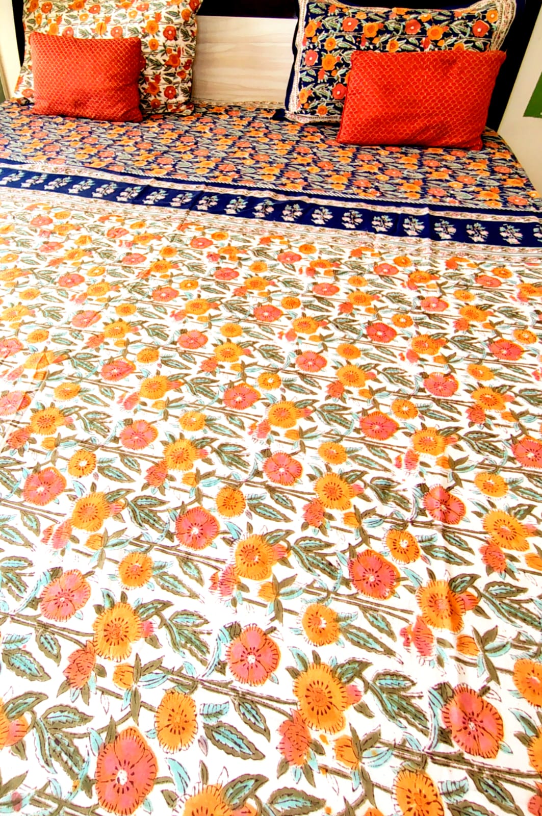 Orange Marie Block Print Bedsheet and Bedcover - 4 Piece Combo