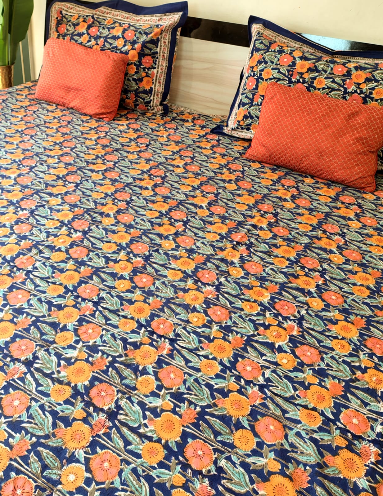 Orange Marie Block Print Bedsheet and Bedcover - 4 Piece Combo
