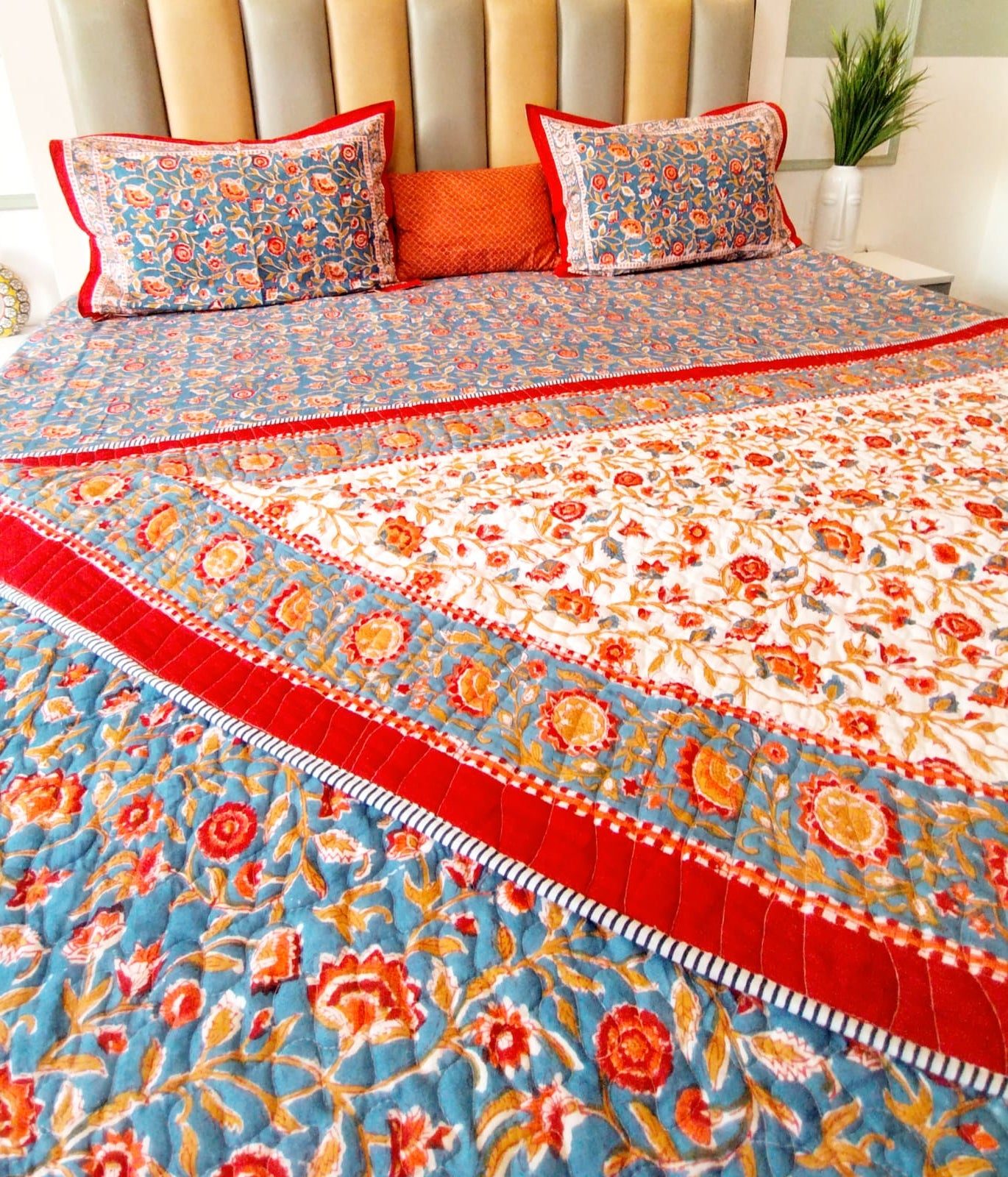 Begum Blue Floral Block Print Bedsheet and Bedcover - 4 Piece Combo