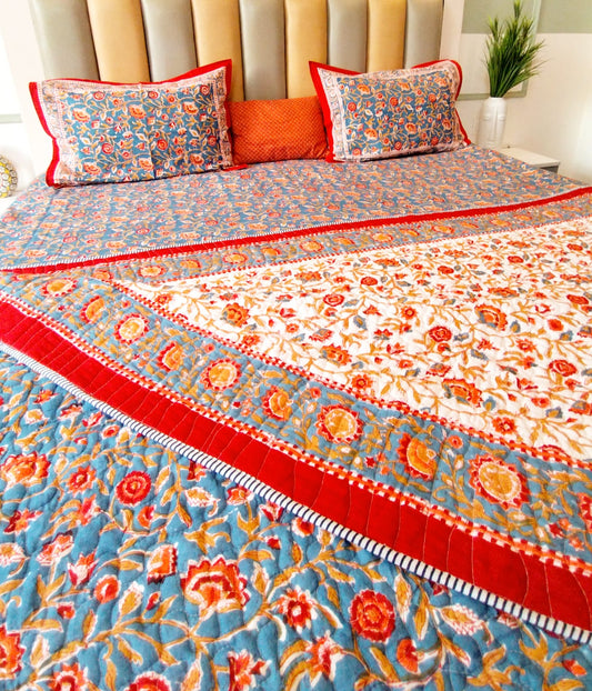 Begum Blue Floral Block Print Bedsheet and Bedcover - 4 Piece Combo