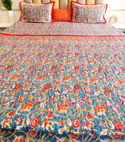Begum Blue Floral Block Print Bedsheet and Bedcover - 4 Piece Combo