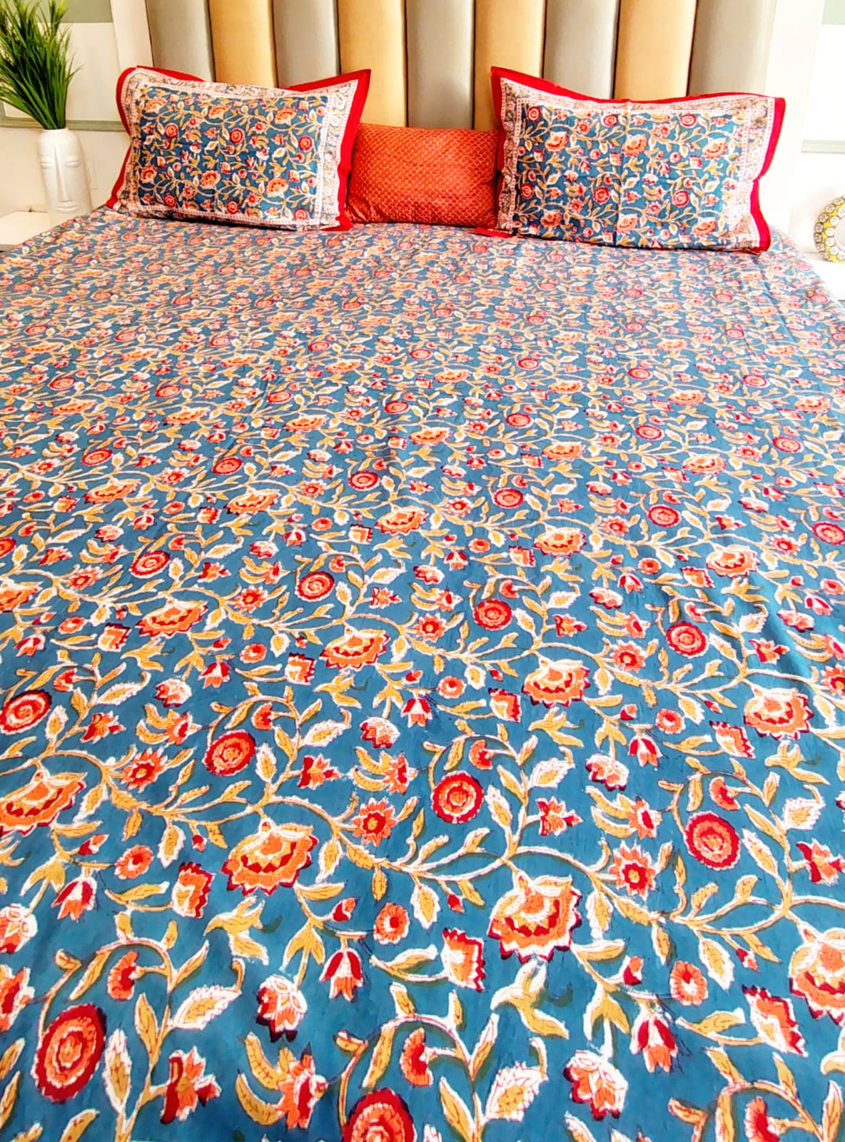 Begum Blue Floral Hand Block Bedsheet with Two Reversible Pillow Covers