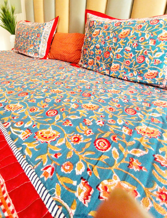 Begum Blue Floral Hand Block Bedsheet with Two Reversible Pillow Covers