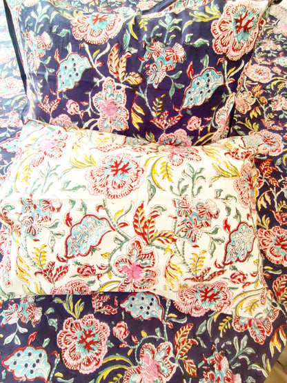 Purple Floral Block Printed Bedsheet with Two Reversible Pillow Covers