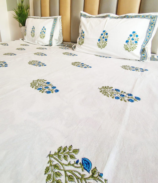 Blue Floral Bunch Block Printed Bedsheet with Two Reversible Pillow Covers