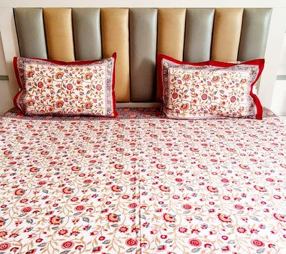 Begum White Floral Block Printed Bedsheet with Two Reversible Pillow Covers