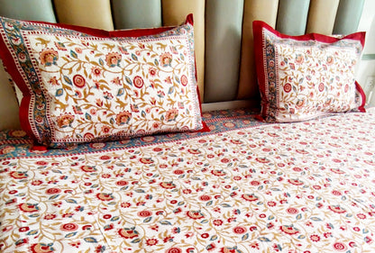Begum White Floral Block Printed Bedsheet with Two Reversible Pillow Covers