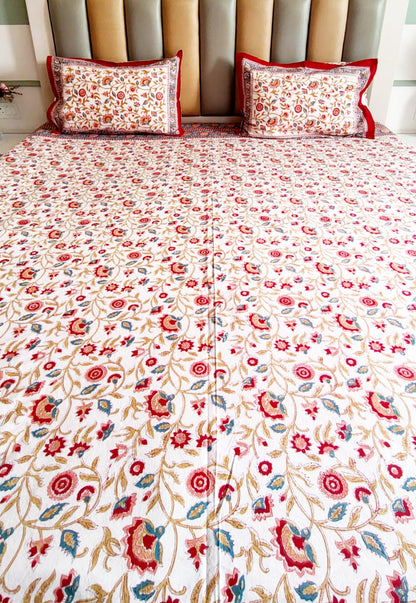 Begum White Floral Block Printed Bedsheet with Two Reversible Pillow Covers