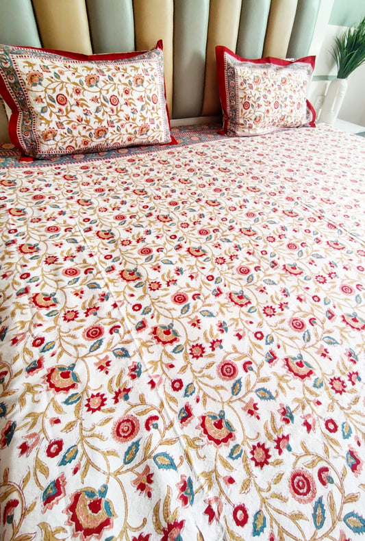 Begum White Floral Block Printed Bedsheet with Two Reversible Pillow Covers