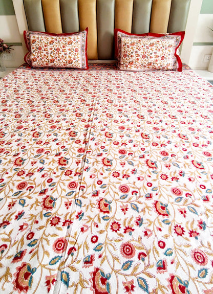 Begum White Floral Block Printed Bedsheet with Two Reversible Pillow Covers