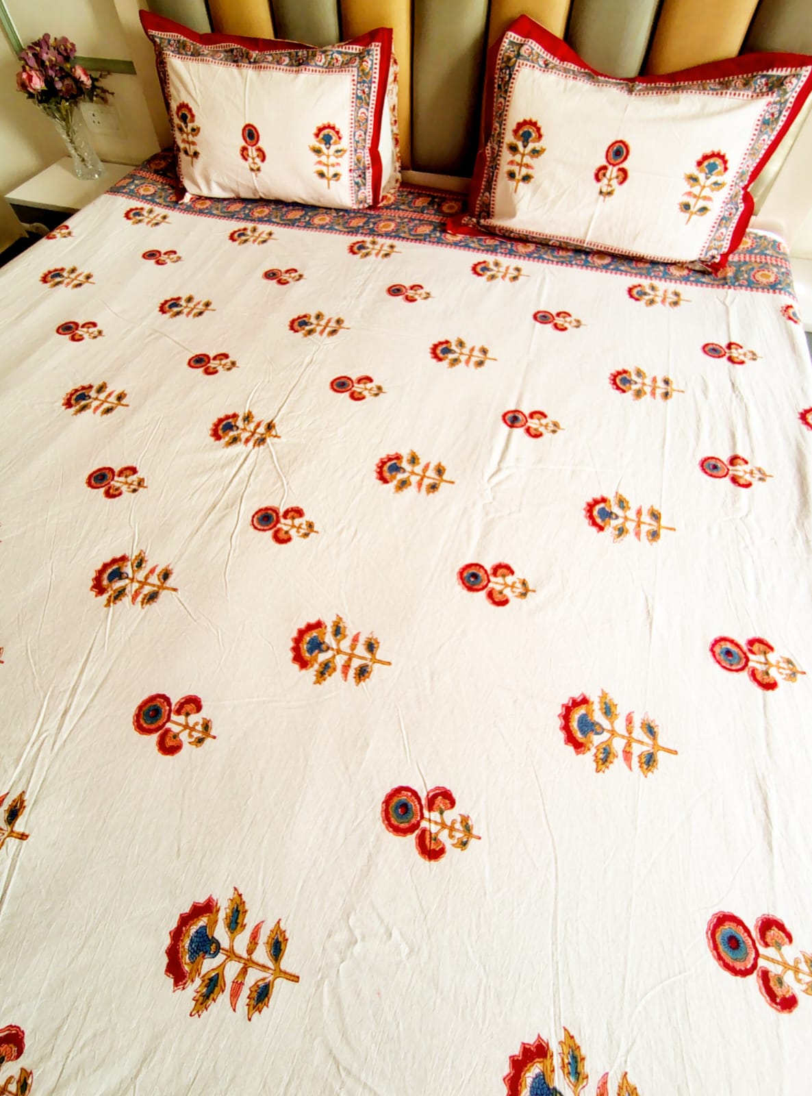 Begum Kamal Block Printed Bedsheet with Two Reversible Pillow Covers