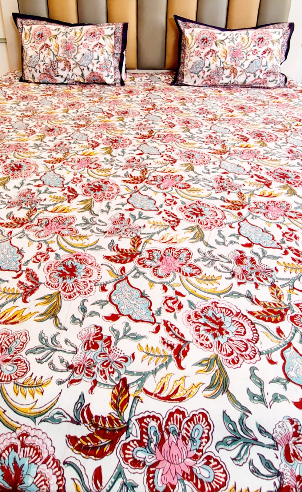 Begum Purple Floral Block Printed Bedsheet with Two Reversible Pillow Covers