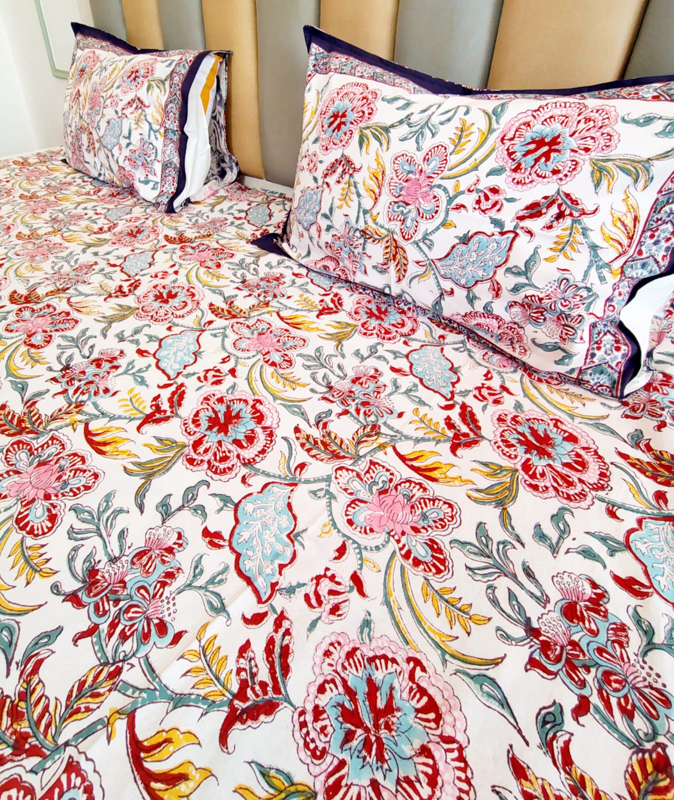 Begum Purple Floral Block Printed Bedsheet with Two Reversible Pillow Covers