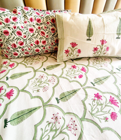 Pine Tree Block Printed Bedsheet with Two Reversible Pillow Covers