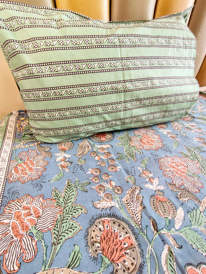 Blue Floral Jaal Traditional Printed Bedsheet with Two Reversible Pillow Covers