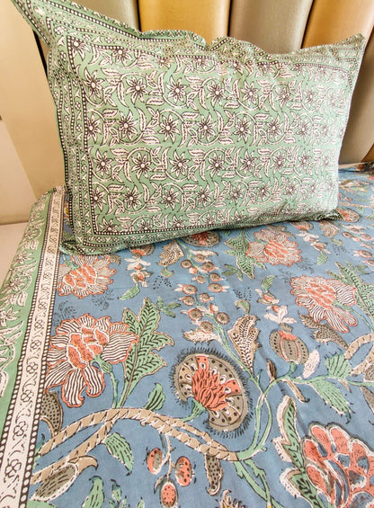 Blue Floral Jaal Traditional Printed Bedsheet with Two Reversible Pillow Covers