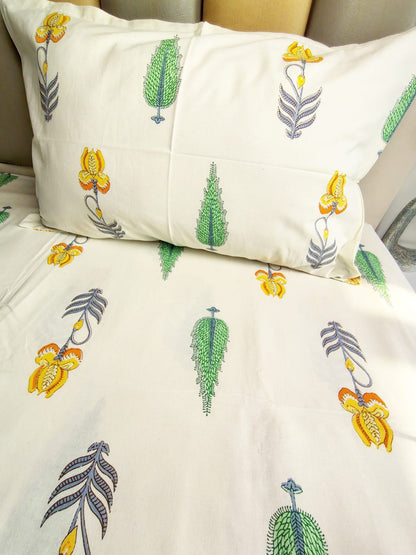 Yellow Pine Traditional Printed Bedsheet with Two Reversible Pillow Covers