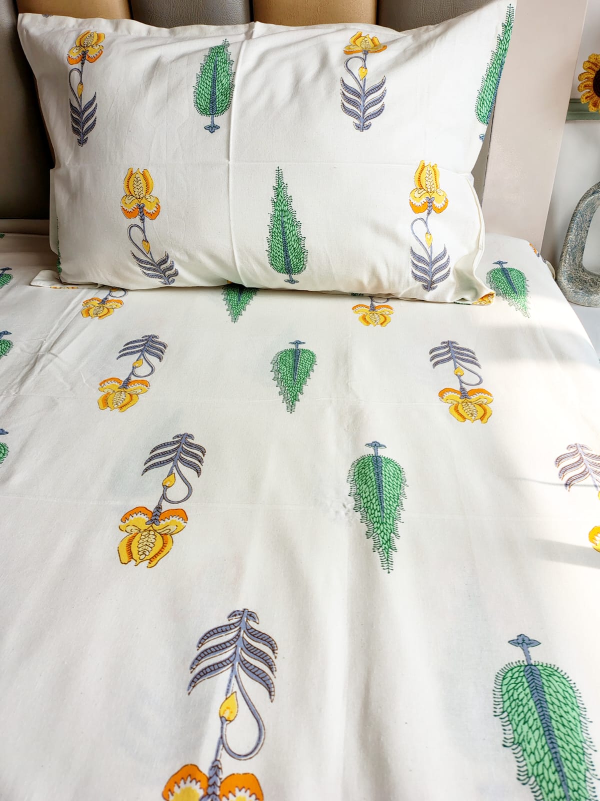 Yellow Pine Traditional Printed Bedsheet with Two Reversible Pillow Covers
